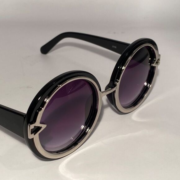 0542 Round Oversized Silver and Black Sunglasses New - Picture 7 of 9